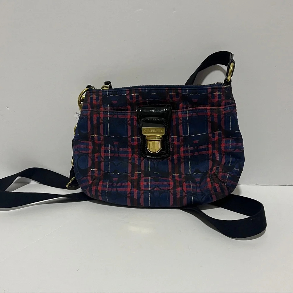 Coach Signature Blue Red Tartan Plaid Crossbody Handbag Purse